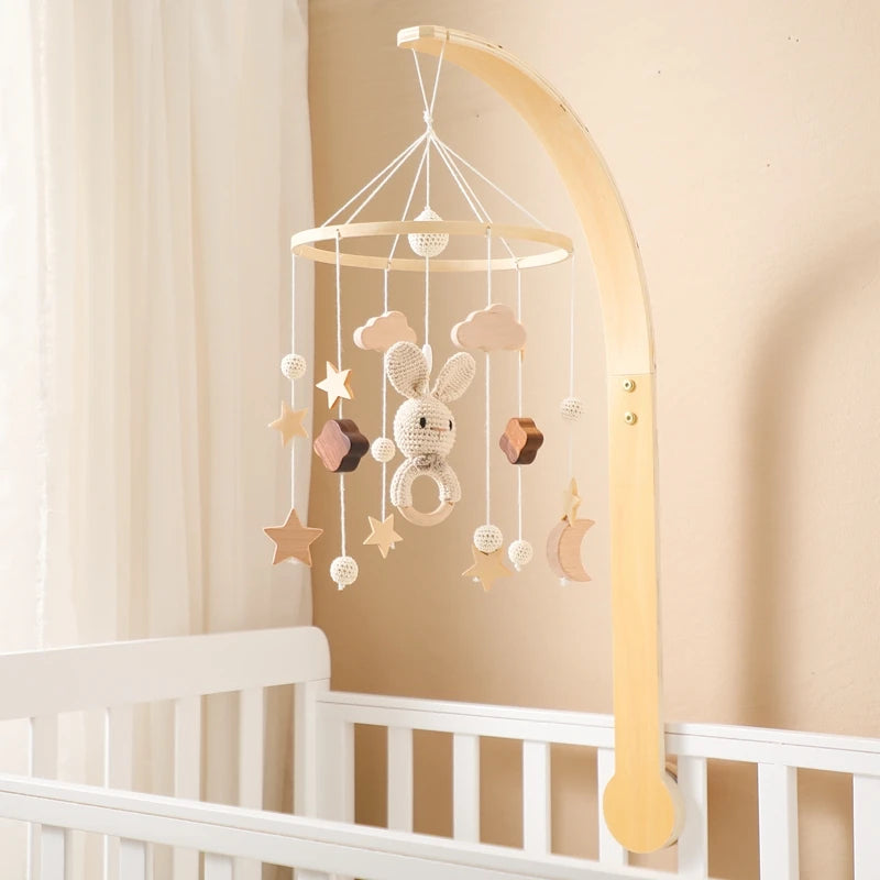 Baby Wooden Bed Bell Cartoon Rabbit Mobile Hanging Rattles Toy Hanger Crib