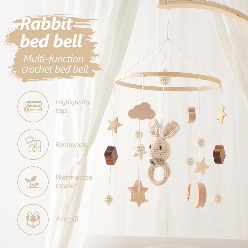 Baby Wooden Bed Bell Cartoon Rabbit Mobile Hanging Rattles Toy Hanger Crib