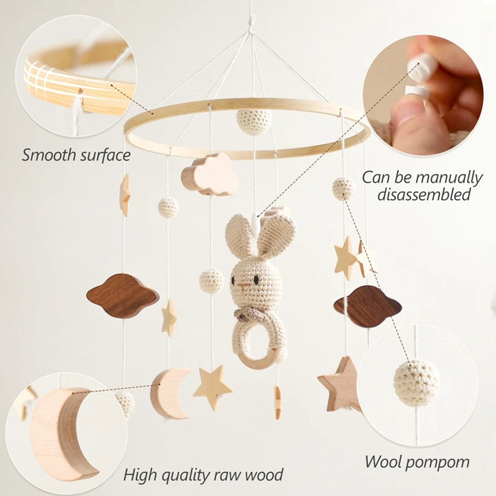 Baby Wooden Bed Bell Cartoon Rabbit Mobile Hanging Rattles Toy Hanger Crib